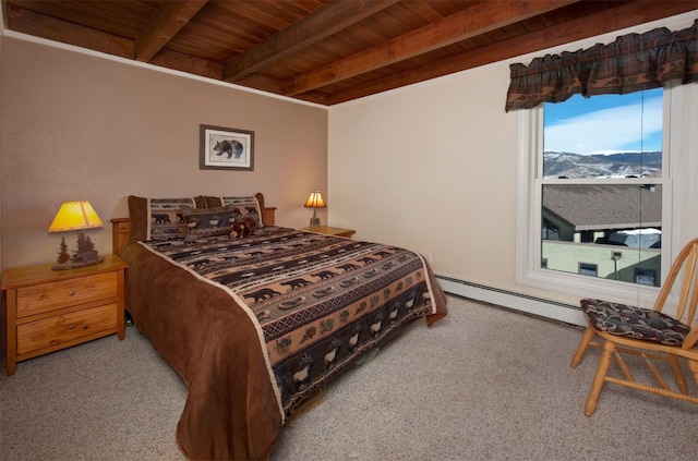 carpeted bedroom with baseboard heating, a mountain view, beamed ceiling, and wooden ceiling