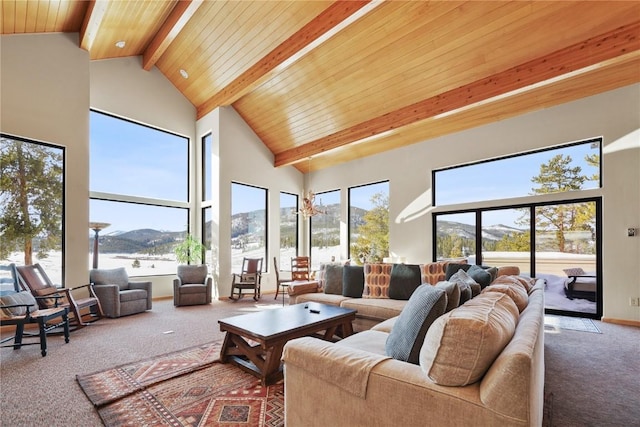 living room featuring high vaulted ceiling, wooden ceiling, beamed ceiling, carpet floors, and a water and mountain view