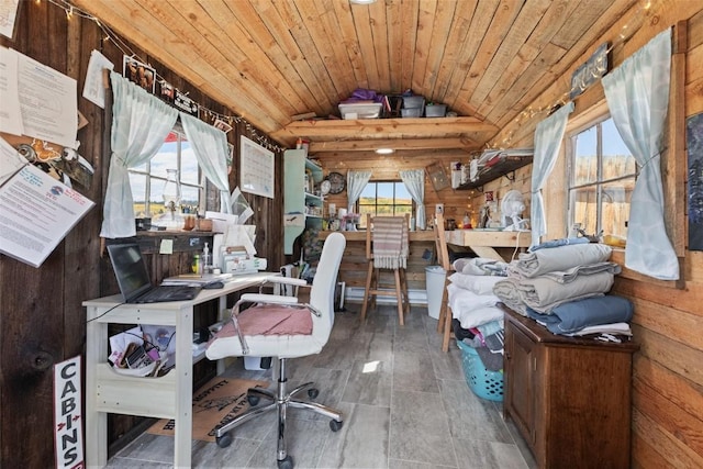 home office featuring wooden walls, wood ceiling, and vaulted ceiling