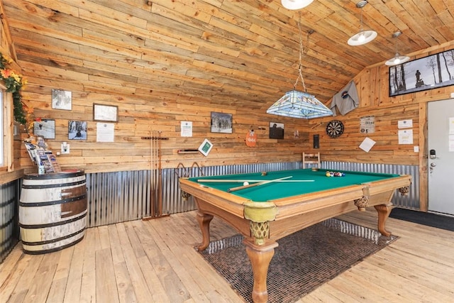 rec room featuring light hardwood / wood-style flooring, wood walls, lofted ceiling, wood ceiling, and pool table