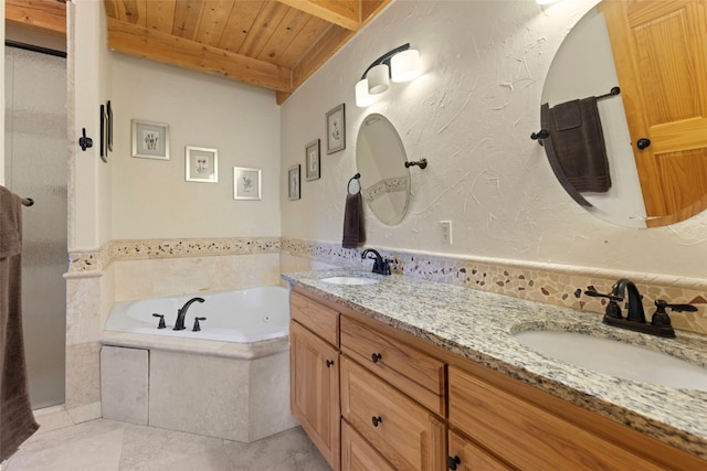 bathroom with tile patterned floors, vanity, a relaxing tiled tub, and wood ceiling