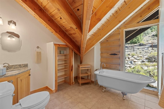 bathroom with lofted ceiling with beams, toilet, a bathtub, vanity, and wood ceiling