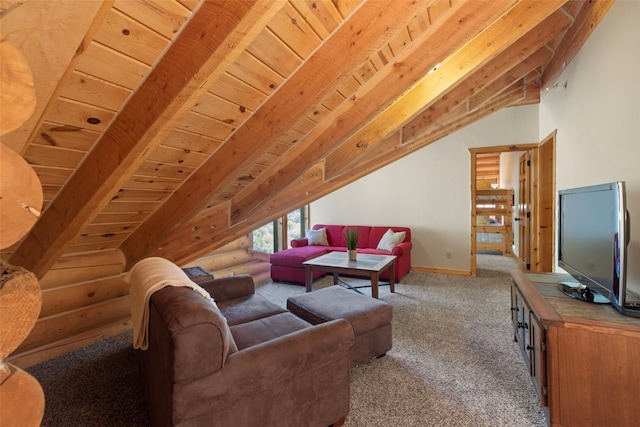 carpeted living room with lofted ceiling with beams and wood ceiling