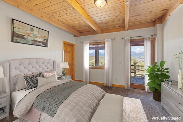 bedroom featuring carpet, beamed ceiling, access to exterior, and wooden ceiling