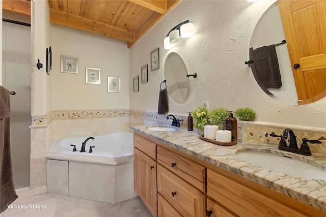 bathroom with tiled bath, tile patterned flooring, vanity, and wooden ceiling