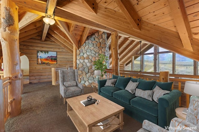 carpeted living room with beamed ceiling, log walls, wooden ceiling, and high vaulted ceiling