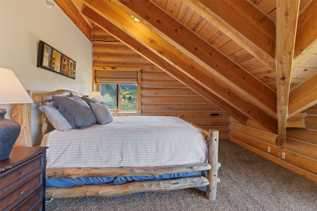 carpeted bedroom with log walls