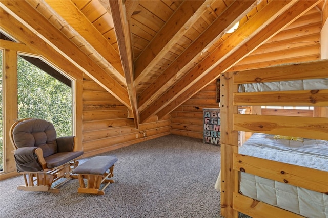 unfurnished bedroom featuring carpet flooring, lofted ceiling with beams, wood ceiling, and log walls