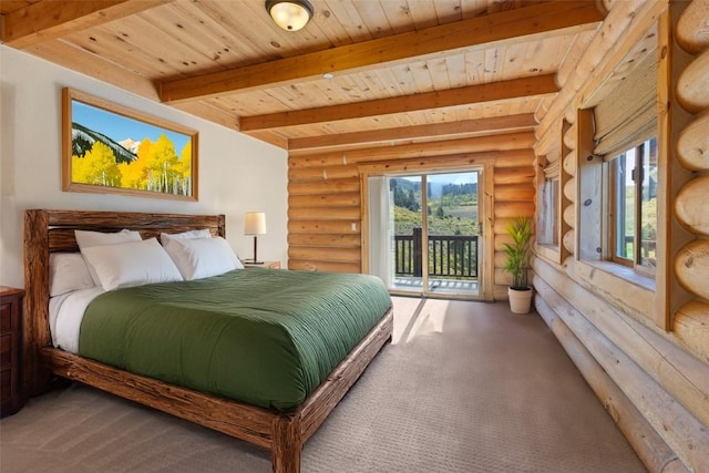 bedroom featuring beamed ceiling, access to exterior, wood ceiling, and rustic walls