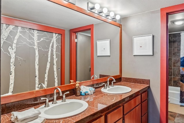 bathroom with vanity and shower / bathtub combination with curtain