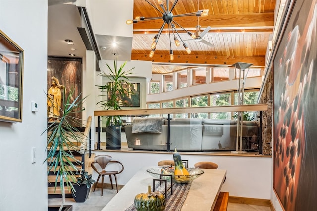 dining space featuring beamed ceiling, wooden ceiling, and a chandelier