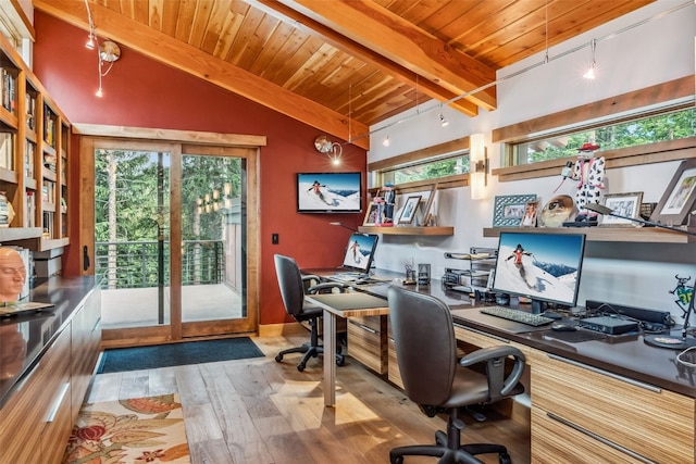 office area featuring a healthy amount of sunlight, hardwood / wood-style floors, wooden ceiling, and track lighting