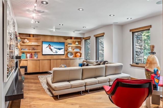 living room with light hardwood / wood-style floors and built in features