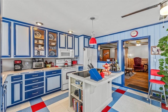 kitchen featuring white appliances, light floors, ceiling fan, light countertops, and blue cabinets