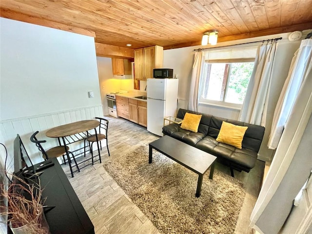 living room with sink and wood ceiling