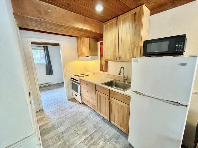 kitchen with light brown cabinetry, a baseboard radiator, sink, wood ceiling, and white appliances