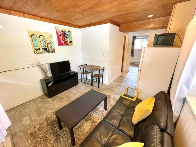 living room featuring wood ceiling and light wood-type flooring