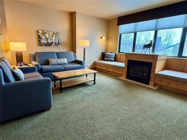 carpeted living room featuring a textured ceiling