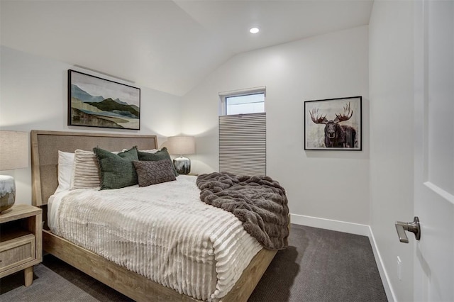 bedroom featuring recessed lighting, baseboards, lofted ceiling, and carpet