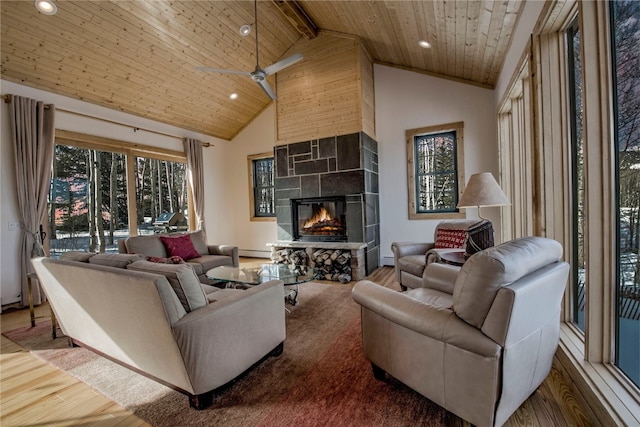 living room featuring hardwood / wood-style floors, high vaulted ceiling, a fireplace, wooden ceiling, and beam ceiling