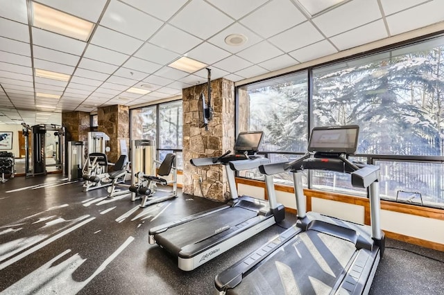 workout area featuring a paneled ceiling