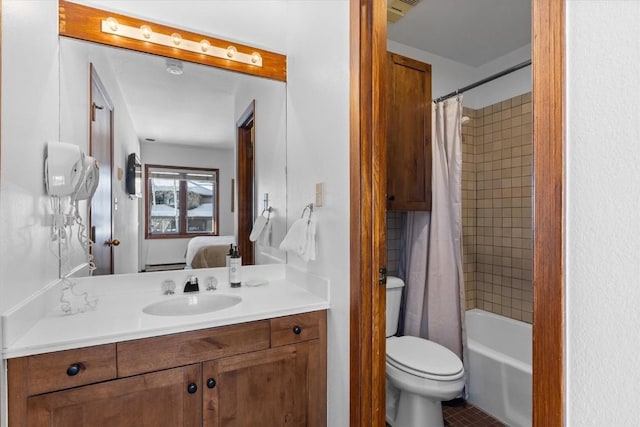 full bathroom with shower / bath combo, vanity, and toilet