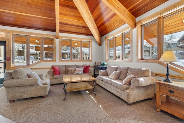 living room with vaulted ceiling with beams and wooden ceiling