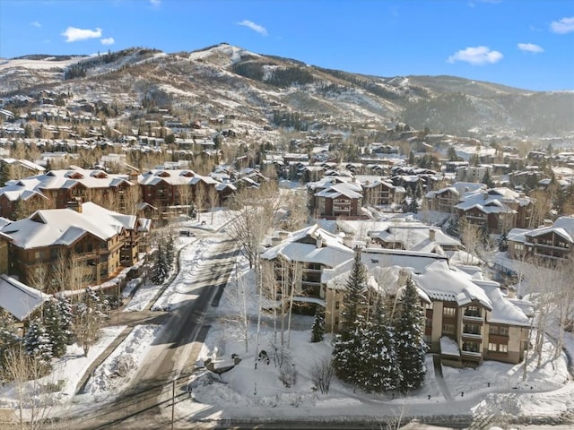 snowy aerial view featuring a mountain view