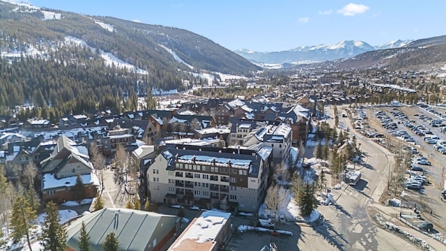 snowy aerial view featuring a mountain view