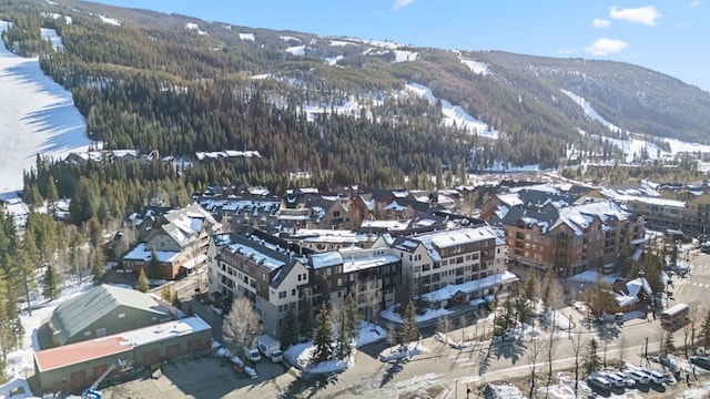 snowy aerial view with a mountain view