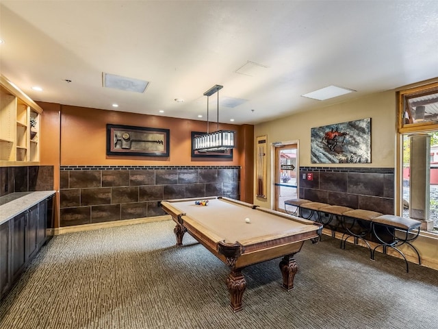 playroom with wainscoting, carpet flooring, recessed lighting, and pool table