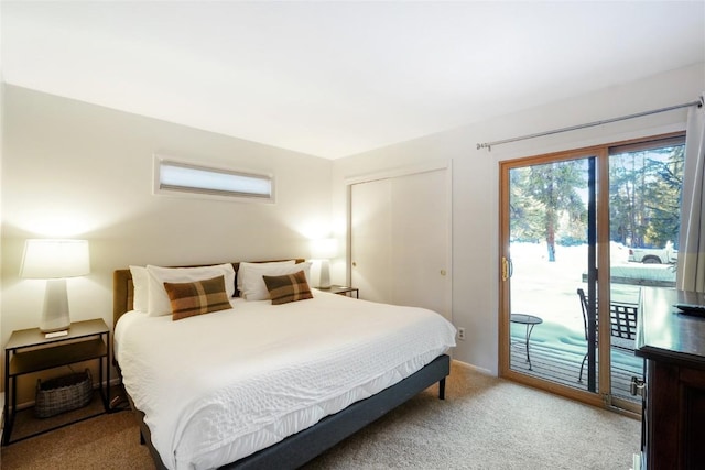 bedroom with access to exterior, light colored carpet, and a closet