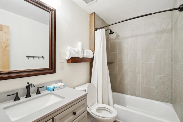 full bathroom with vanity, shower / bathtub combination with curtain, and toilet