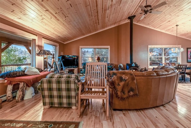 living room with lofted ceiling, a wood stove, wooden ceiling, ceiling fan with notable chandelier, and light hardwood / wood-style floors