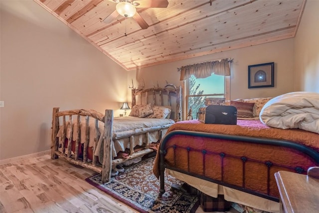 bedroom featuring ceiling fan, wooden ceiling, vaulted ceiling, and light hardwood / wood-style floors