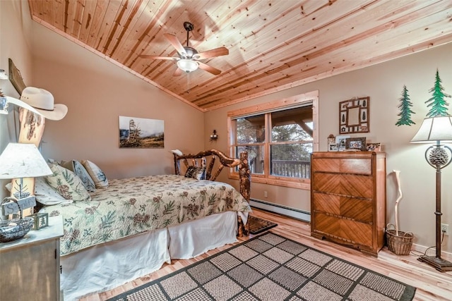 bedroom featuring lofted ceiling, light hardwood / wood-style flooring, ceiling fan, baseboard heating, and wood ceiling