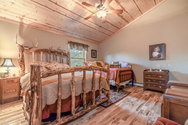 bedroom featuring ceiling fan, wooden ceiling, baseboard heating, light hardwood / wood-style floors, and lofted ceiling