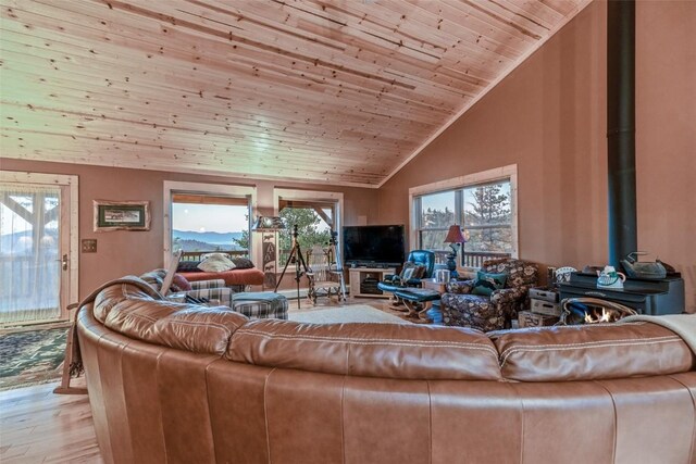 living room with lofted ceiling, a wood stove, light hardwood / wood-style flooring, and wooden ceiling