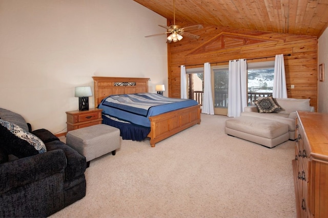 carpeted bedroom featuring ceiling fan, wooden ceiling, wooden walls, and access to outside