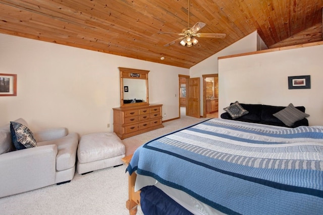 carpeted bedroom featuring ceiling fan, vaulted ceiling, and wooden ceiling