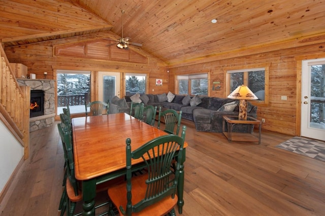 dining space featuring hardwood / wood-style flooring, ceiling fan, plenty of natural light, and wooden ceiling