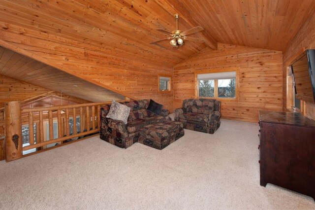 carpeted living room featuring ceiling fan, wooden ceiling, wood walls, and vaulted ceiling with beams