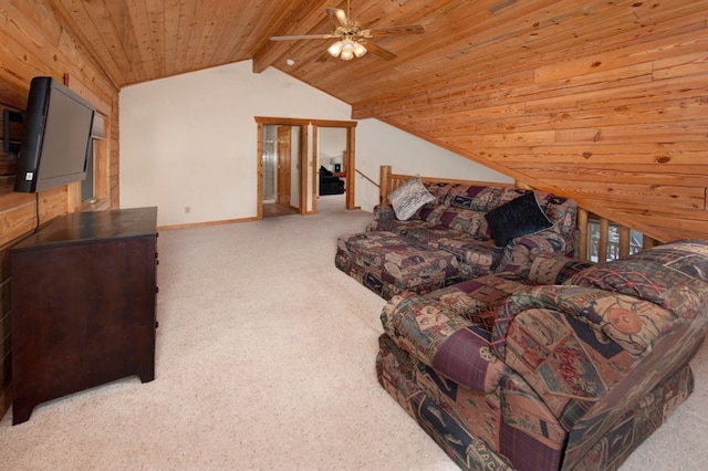 living room with lofted ceiling with beams, wooden ceiling, and carpet flooring