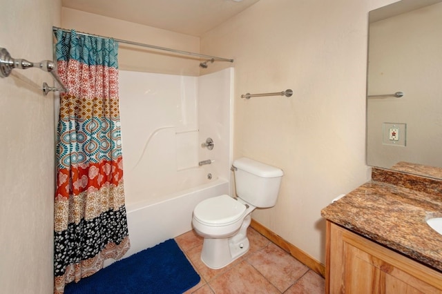 full bathroom featuring vanity, shower / bathtub combination with curtain, tile patterned floors, and toilet