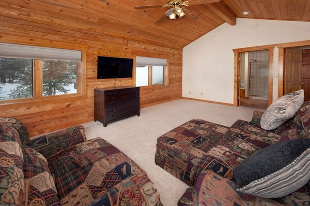 carpeted living room featuring vaulted ceiling with beams, wood ceiling, ceiling fan, and wood walls