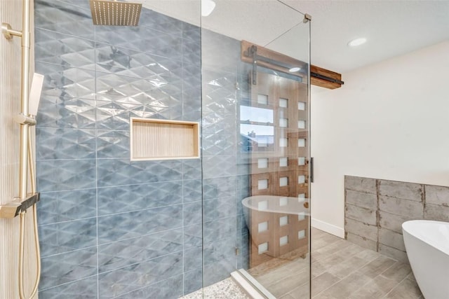 bathroom with plus walk in shower and tile walls