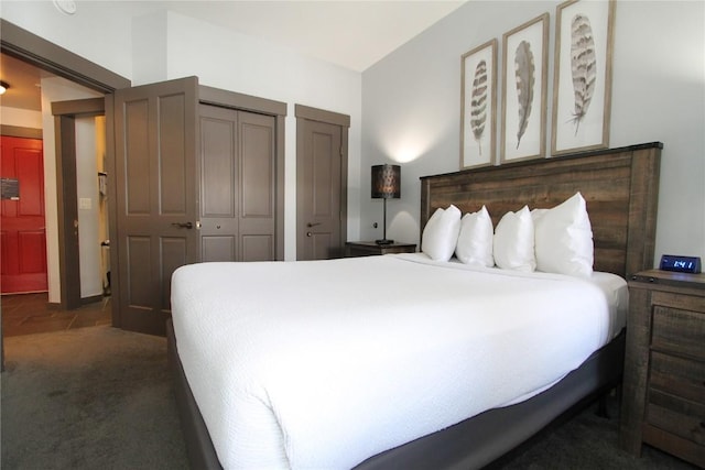 bedroom featuring dark carpet and two closets