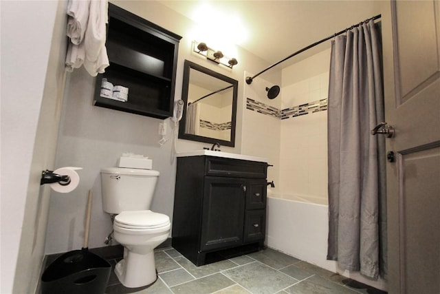 full bath featuring toilet, shower / bath combo, and vanity