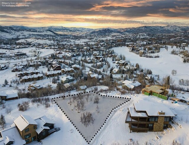 snowy aerial view featuring a mountain view