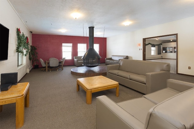 living room featuring a baseboard heating unit, carpet flooring, a textured ceiling, and a wood stove